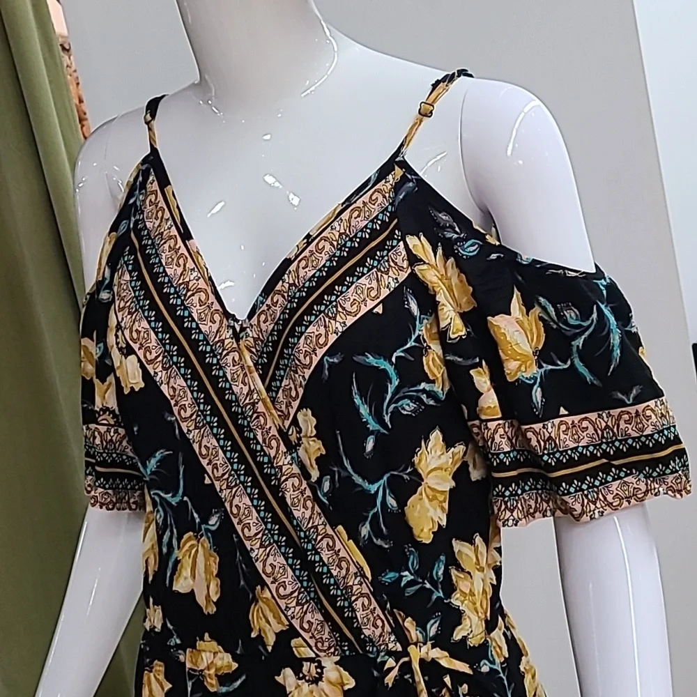 Xhilaration Cold Shoulder Yellow Black Floral V Neck Tassels Maxi Dress - Picture 2 of 12